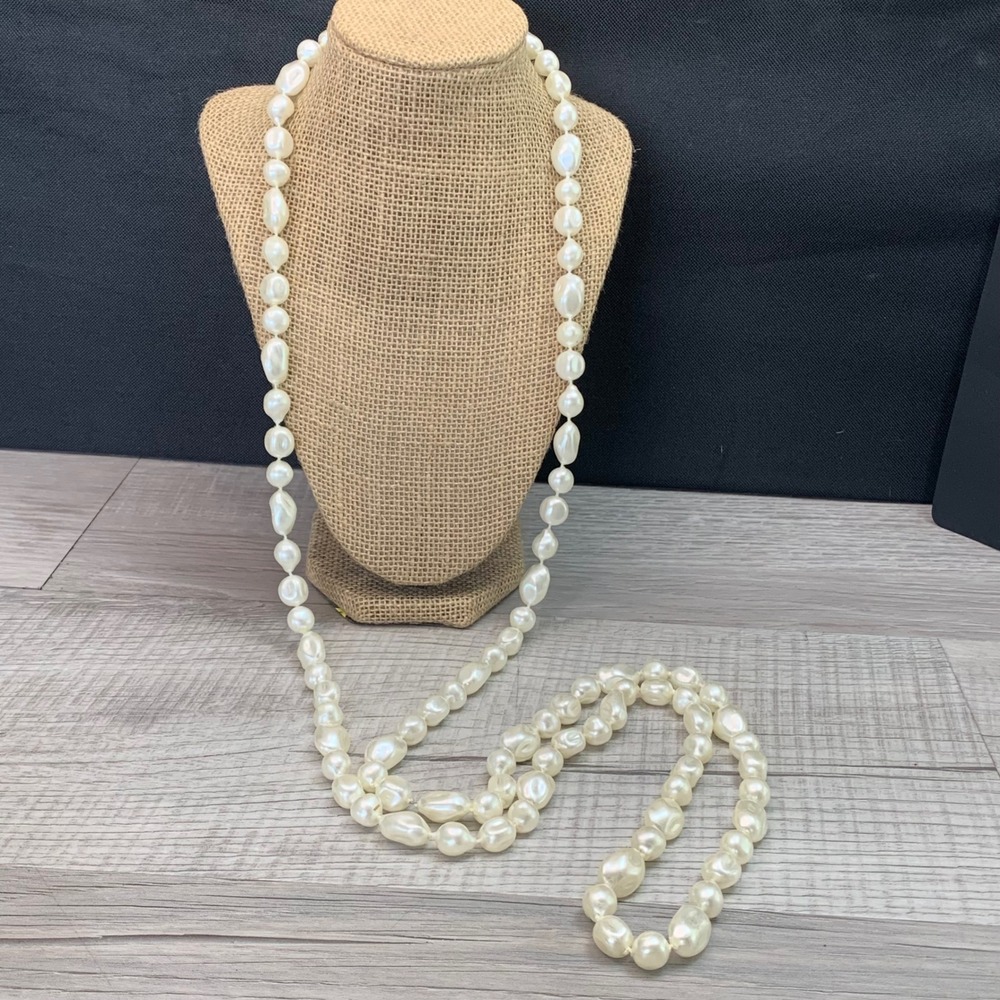 Long 60 Inch Baroque Freshwater Faux Pearl Necklace Hand Knotted Ivory White